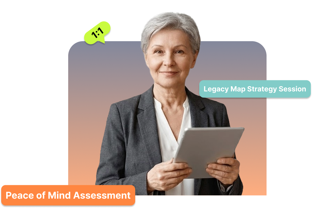 Professional woman holding tablet with floating badges for Peace of Mind Assessment, Legacy Map Strategy Session, and 1:1 support
