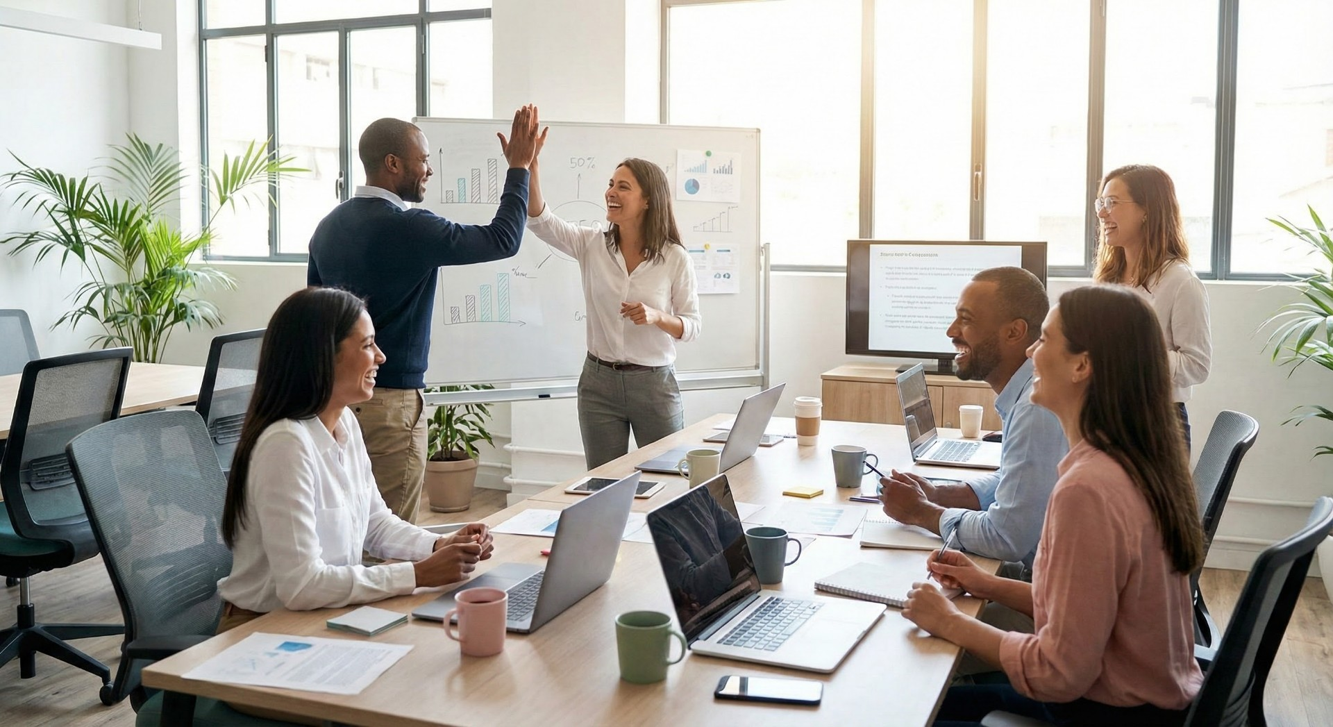 Diverse team of professionals high-fiving in a modern office